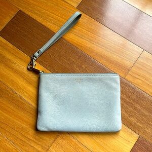 Fossil Powder Blue Leather Wristlet Pouch Purse / Clutch